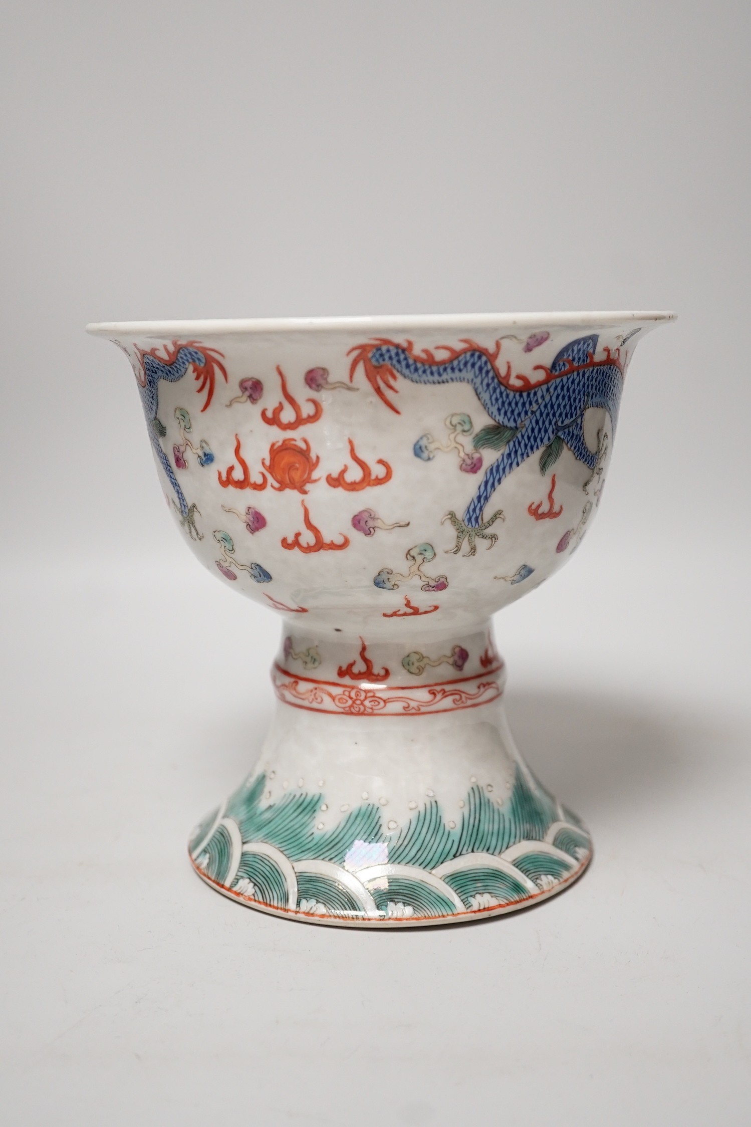 A large 19th century Chinese enamelled porcelain ‘dragon’ stem bowl, 16.5cm